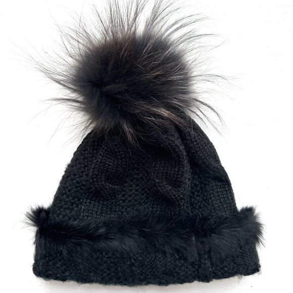 RUDSAK Black Cable Knit Removable snap on fur Pom Pom Hat - One size - Picture 4 of 6
